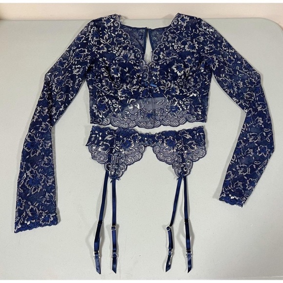 VS Navy Blue Floral Lace Bra-Top Bralette and Garter Belt Coords Matching Set 💙 - Picture 3 of 7